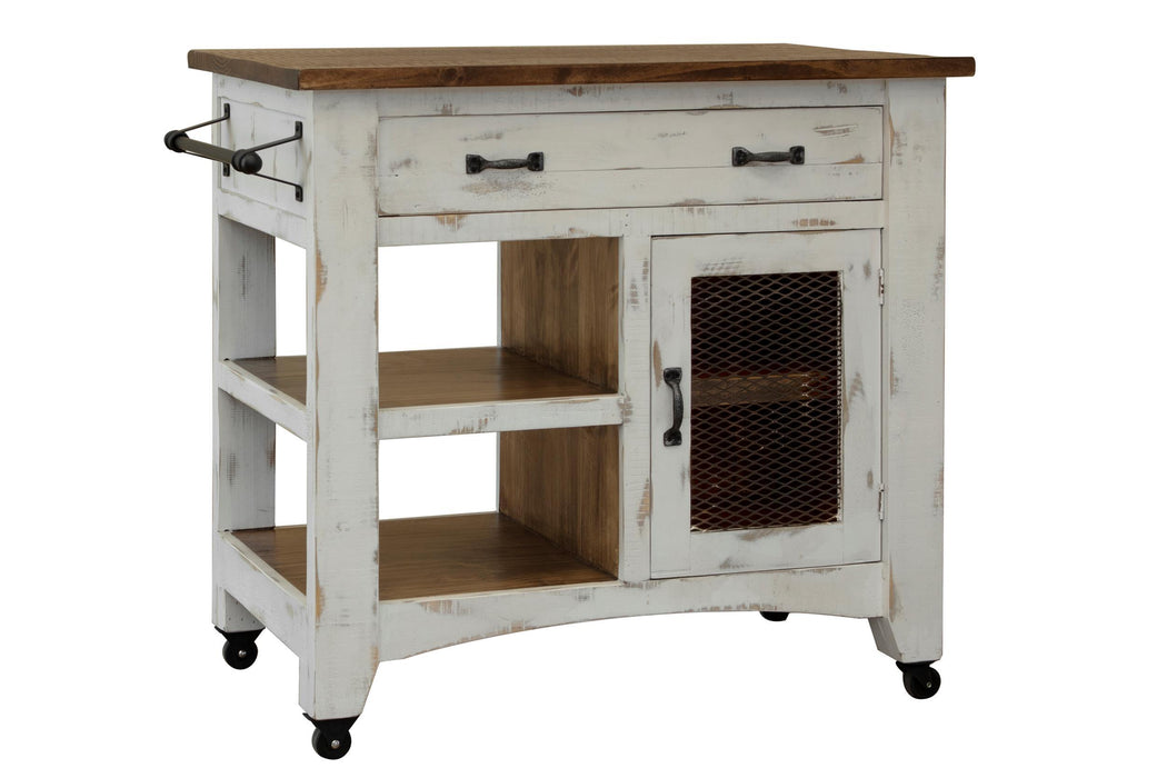 Pueblo White - Kitchen Island With 1 Drawer / 1 Mesh Door - Antiqued White / Brown