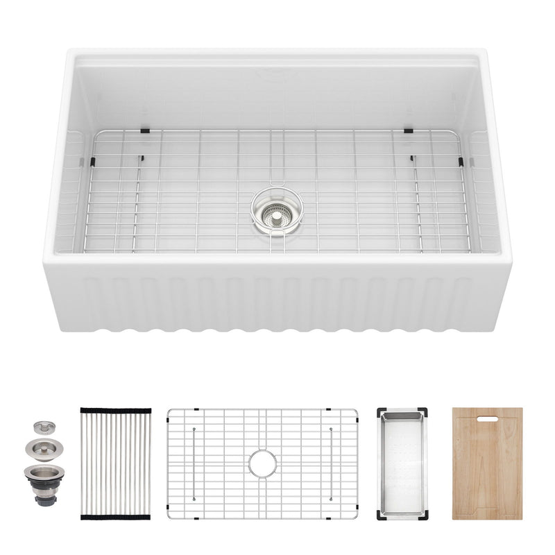 Workstation Single Bowl Apron Front Kitchen Sink - White