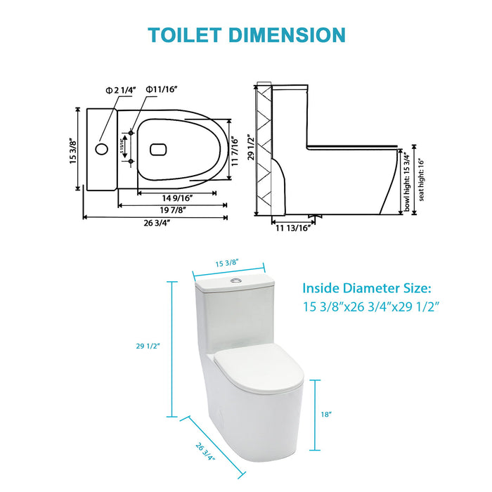 1 Piece Toilet For Bathroom, Soft Closing Seat, Dual Flush 1.1 / 1.6 Gpf - White