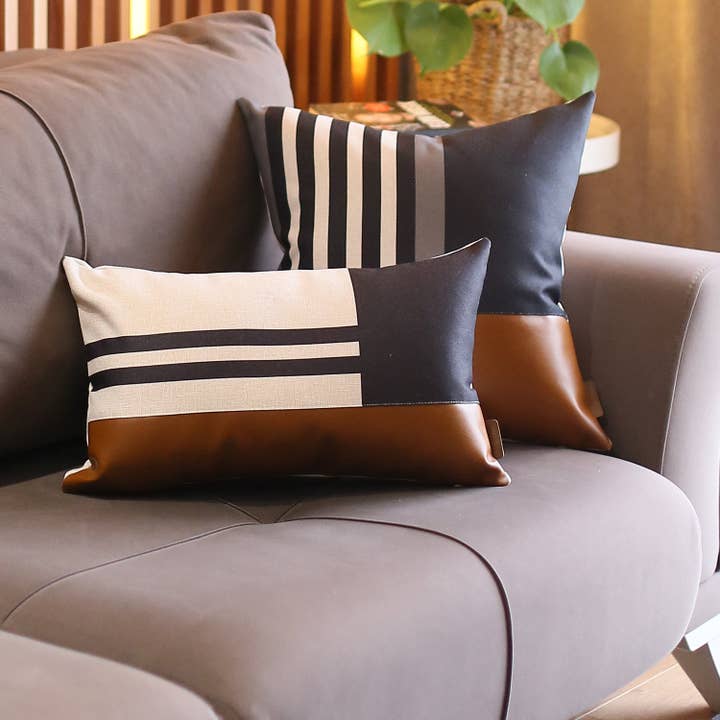 Boho-Chic Faux Leather Throw Pillows| Set of 2 | Black, Brown, Ivory | 12x20 & 18x18