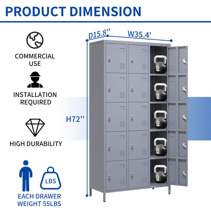 15 Door Lockers With Lock For Storage In Home, Gym, Office, And School - Gray