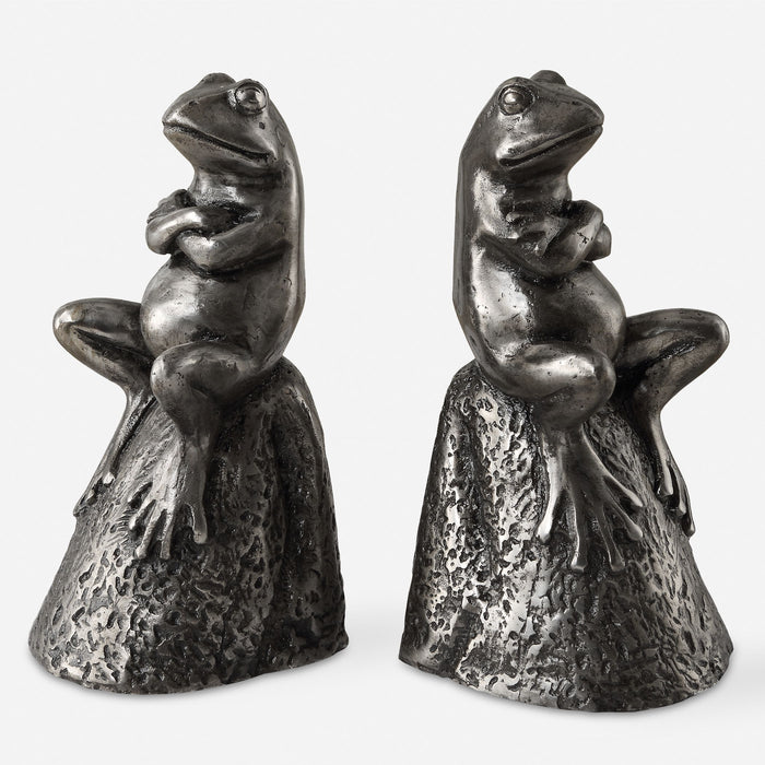 Daydreaming Bird - Frogs Aged Silver Bookends (Set of 2)