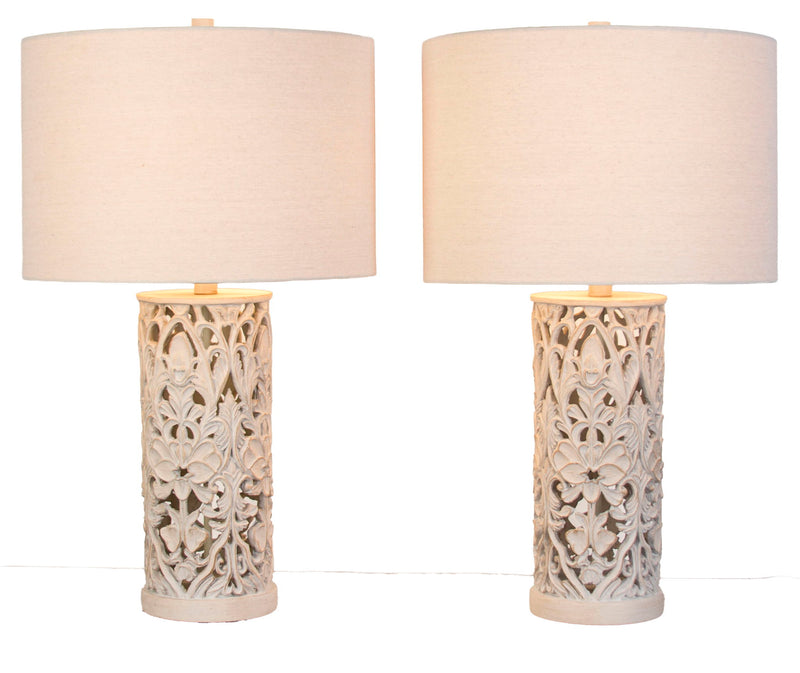 Ivory Trellis - 26 X 15 - Polyresin Table Lamp (Set of 2) - Distressed White