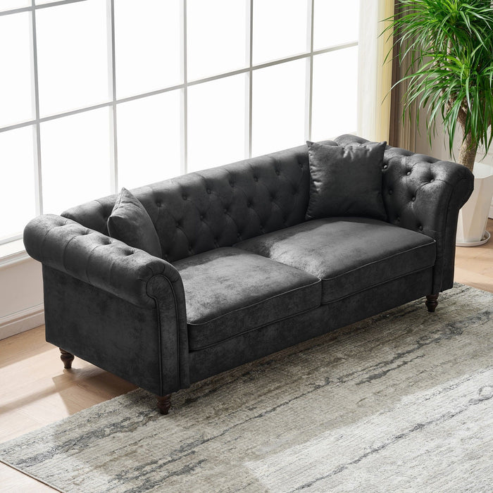 Chesterfield Sofa, High Tech Fabric Roll Armrest, 3 Seater Mid Century Modern Couch - Black