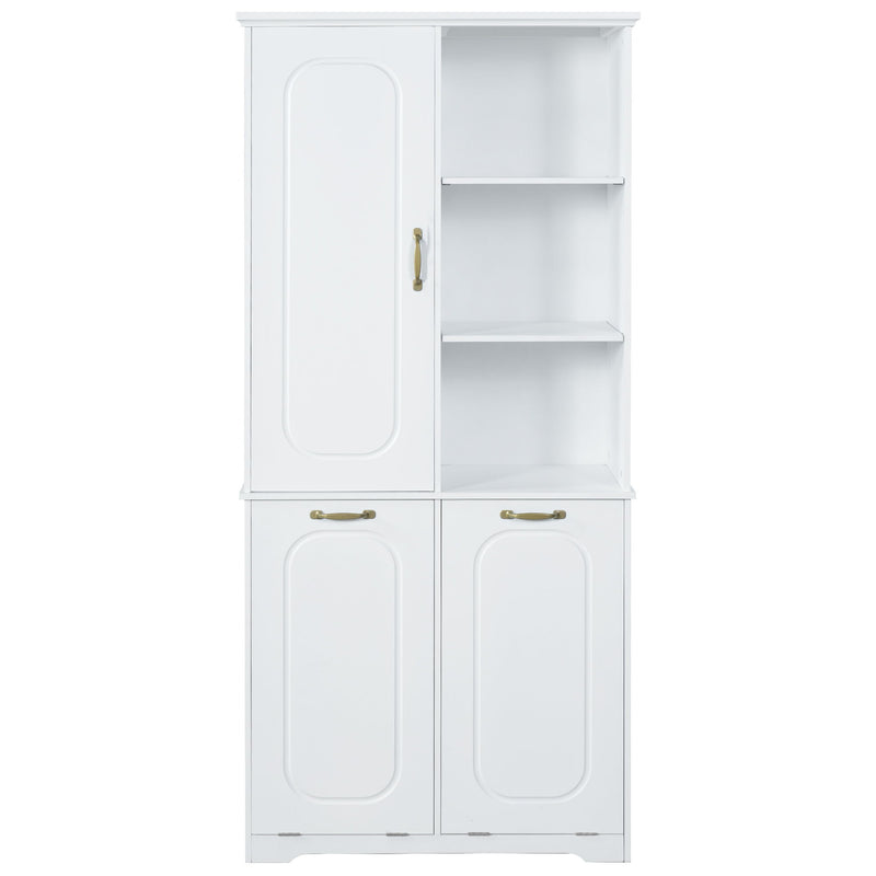 Freestanding Tall Storage Cabinet With 2 Tilt Out Hampers, Adjustable Shelves, Soft Close Door, Door Mounted Organizer - White