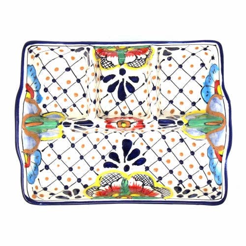 Encantada Handmade Pottery 9-inch Divided Platter, Dots & Fl