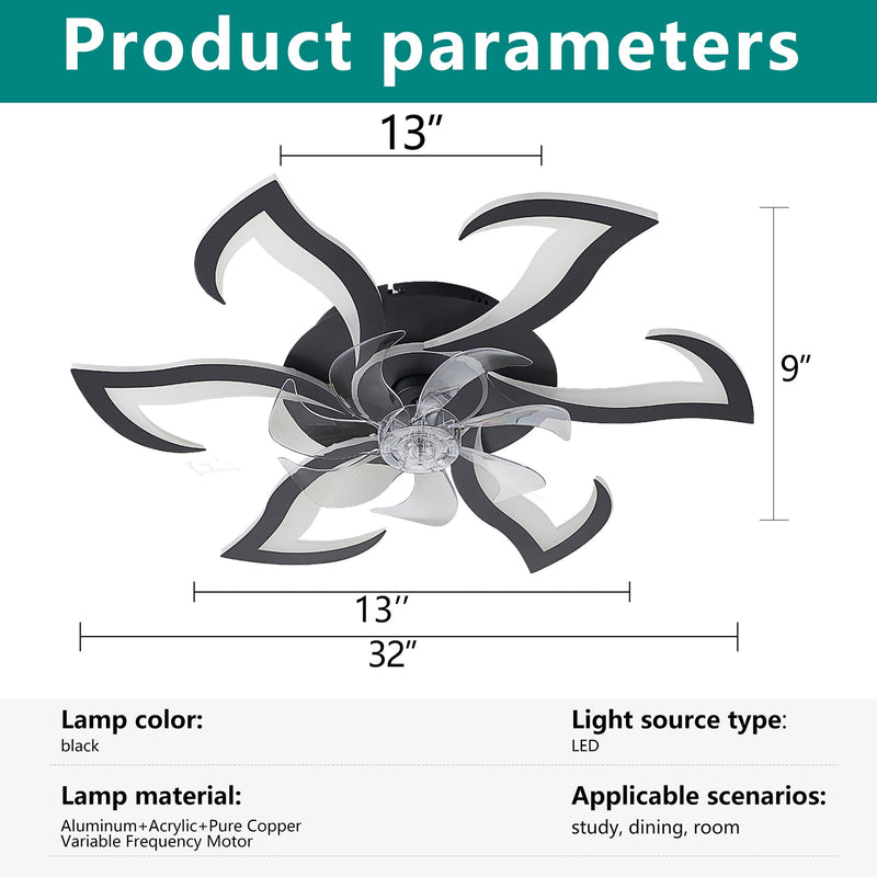 Flower Ceiling Fan With LED Dimmable Light, Flush Mount Ceiling Fan With Remote Control, Low Profile Design, 6 Speeds, Timing Function