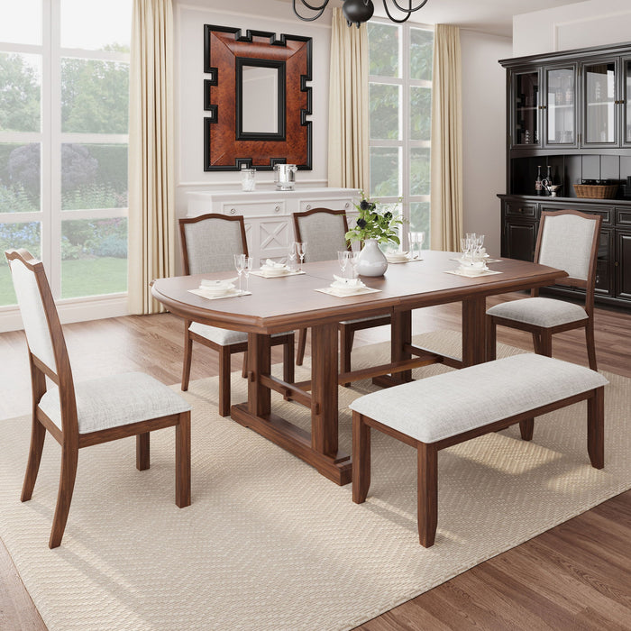 6 Piece Extendable Dining Table Set, Wood Table With Removable Leaf, 4 Upholstered Chairs And Bench - Cherry