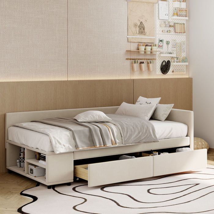 L Shaped Upholstered Platform Bed With Storage And Drawers