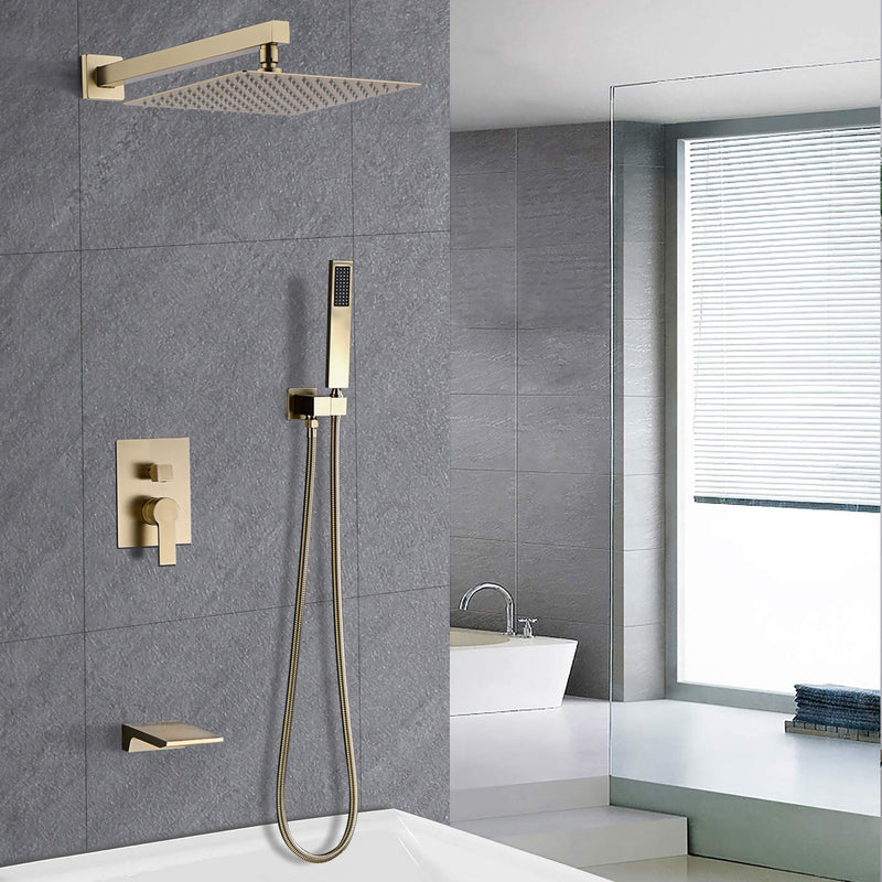 Tub Shower Faucet Set With 12" Rain Shower Head And Handheld Spray Combo