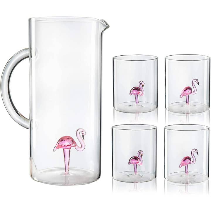 Flamingo Pitcher & 4 Glass Set