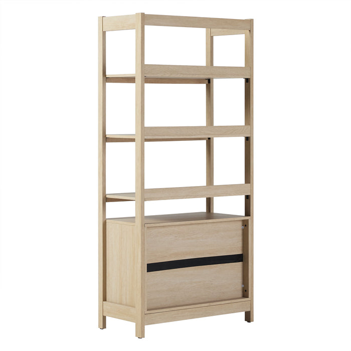 Transitional Wide Reeded Bookshelf With Drawers On Bottom