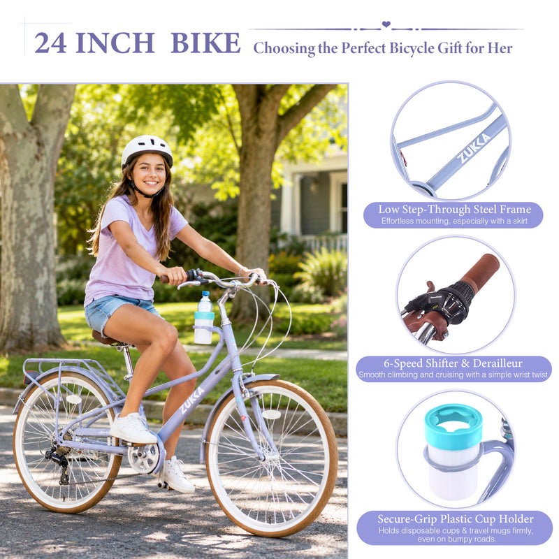 24" Cruiser Bike With 6 Speed Gear System, Rear Rack & Cup Holder