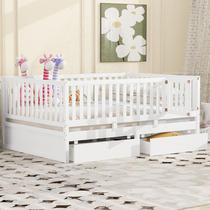 Daybed With Fence Guardrails And 2 Drawers, Split Into Independent Floor Bed & Daybed