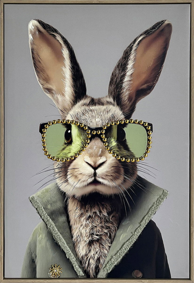 Velvet Hare I Hand-Embellished Canvas With Fabric In Frame - Gray / Beige