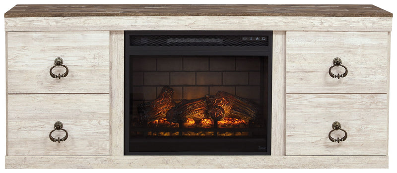 Willowton - 2 Pc. - TV Stand With Faux Firebrick Fireplace Insert - Whitewash
