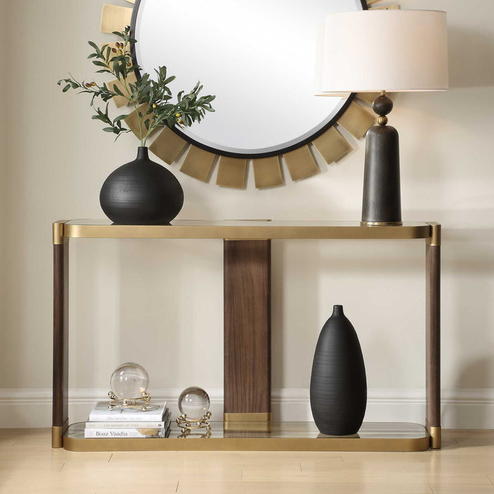 Ryles - Glass Console Table - Brass / Brown / Woodtone