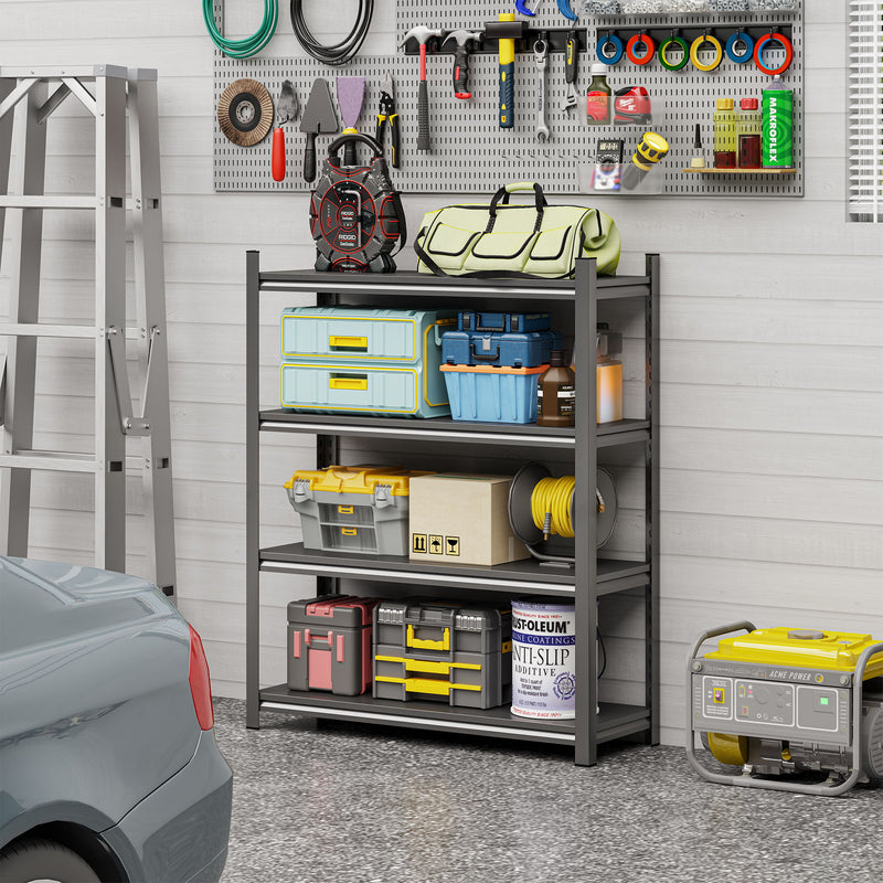4 Layer Metal Storage Rack, Garage Shelves, Adjustable Height Partition - Black