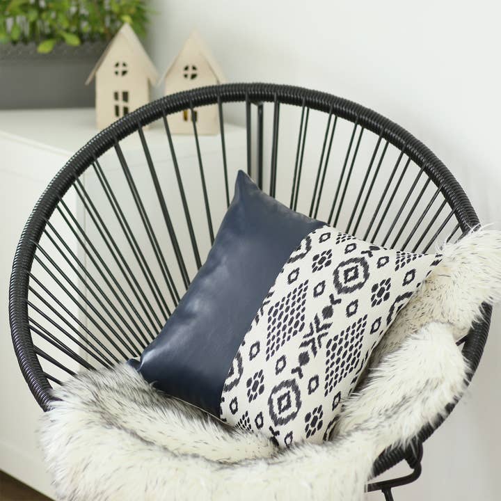 Faux Leather Throw Pillow | Navy Blue Patterned | 17x17