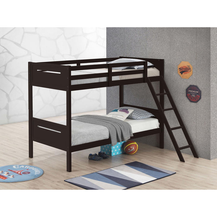 Twin Over Twin Bunk Bed With Angled Ladder And Guardrails - Brown