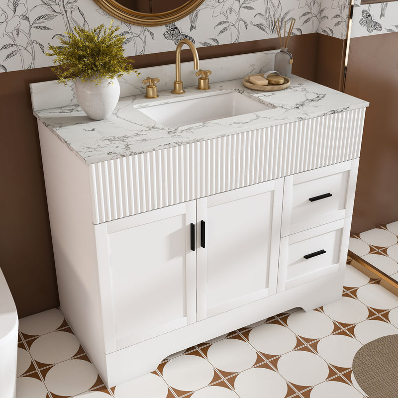 Bathroom Vanity Set, Fluted Cabinet, Soft Close Doors & Drawers, 3 Faucet Holes, Sink Included - White