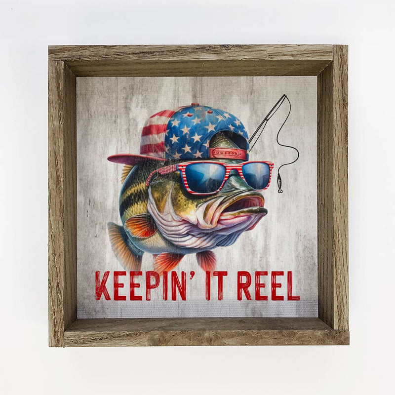 Keepin It Reel Bass Fish - 4th of July Canvas Art - Framed