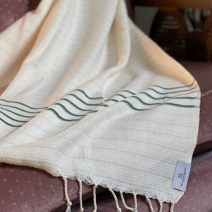 Cayir Turkish Cotton Throw Blanket | Evergreen & Cream | 75x37