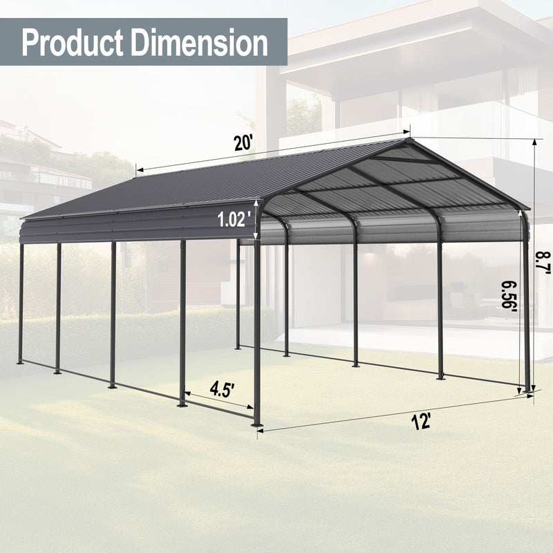 Metal Carport 12 X 20 Ft Heavy Duty With Galvanized Steel Roof Metal Garage Canopy With Galvanized Steel Roof & Frame Car Tent Outdoor Storage Shed For Car Boats And Truck - Alabaster / Dark Gray