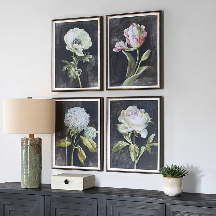 Florals On Black - Framed Prints (Set of 4) - Black