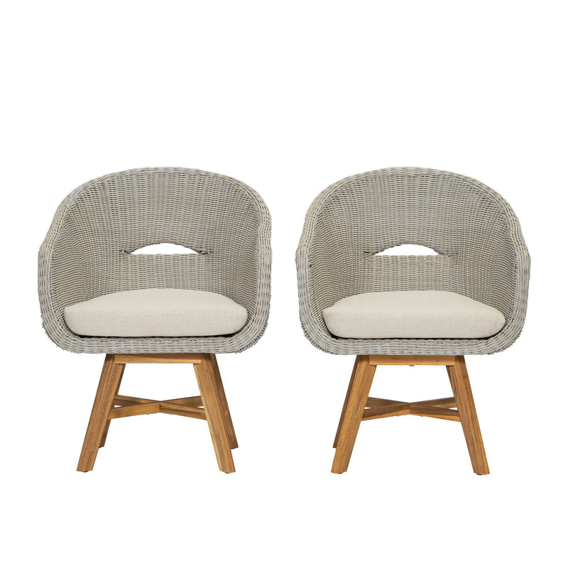 Modern Coastal Rattan Dining Chairs, (Set of 2), Solid Wood Legs - Beige