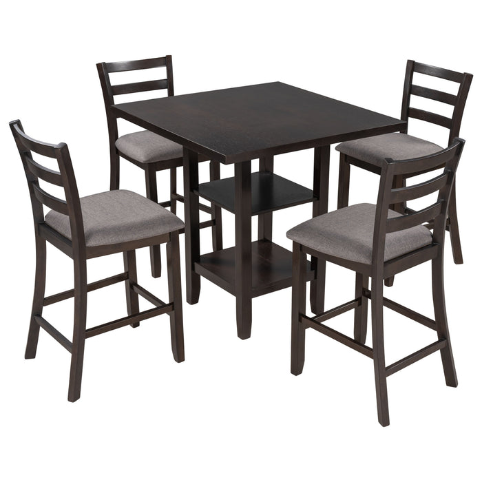 5 Piece Wooden Counter Height Dining Set With Padded Chairs, Storage Shelving