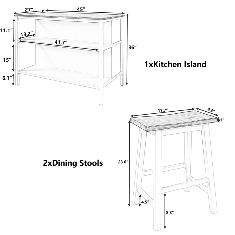 Rustic 3 Piece Stationary Kitchen Island Set With 2 Seatings, With 2 Open Shelves