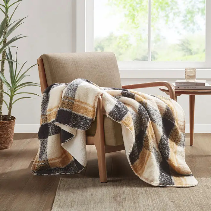 Plaid Faux Mohair Sherpa Throw | 50x60 | Tan Plaid