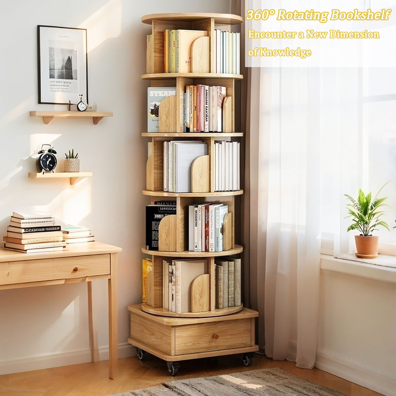 6 Tier Rotating Bookshelf With Wheels And Drawer, 360° Spinning Design, Space Saving Storage, For Home - Wood