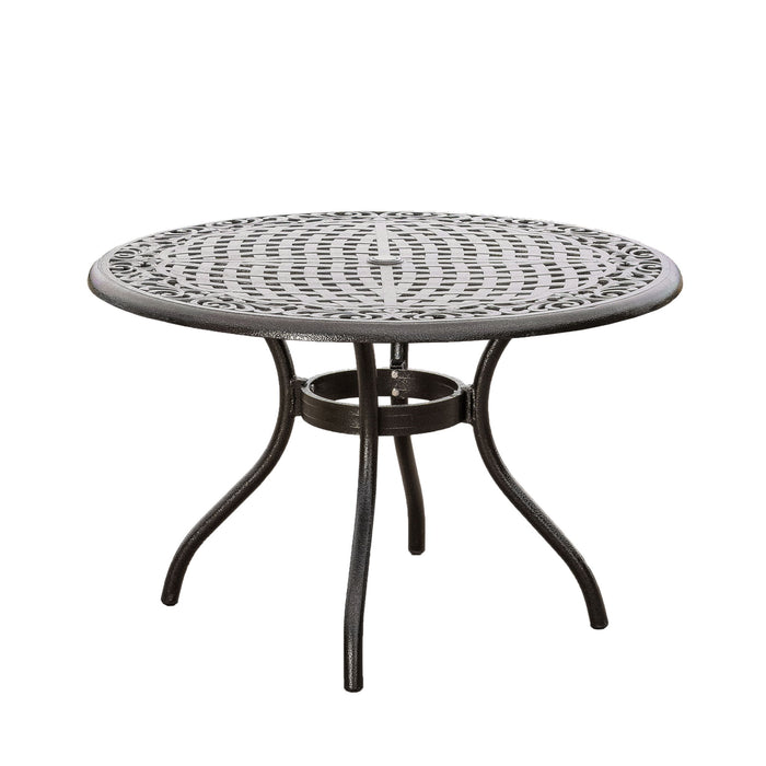 Tranquilius - Outdoor Round Dining Table With Lattice Tabletop, Umbrella Hole And Curved Legs