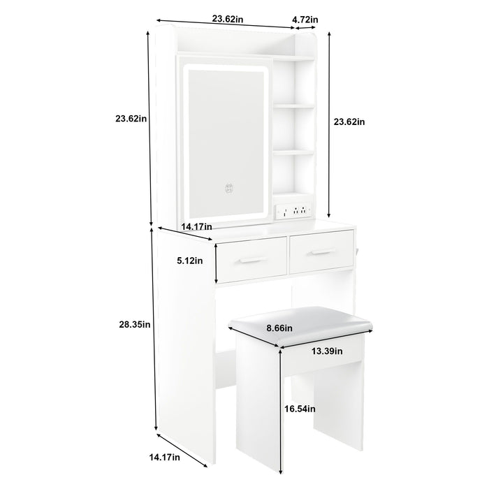 Space Saving Makeup Vanity Desk With Mirror & Adjustable Led Lights, Built-In Power Outlet, Hidden Storage, Includes Stool & Shelf - White
