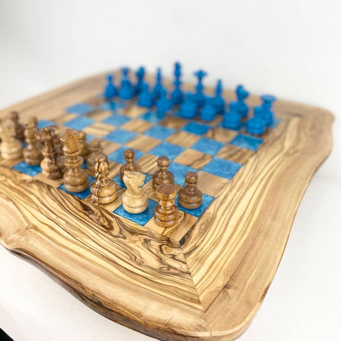 Olive Wood Resin Chess Board | Blue | 12-14"