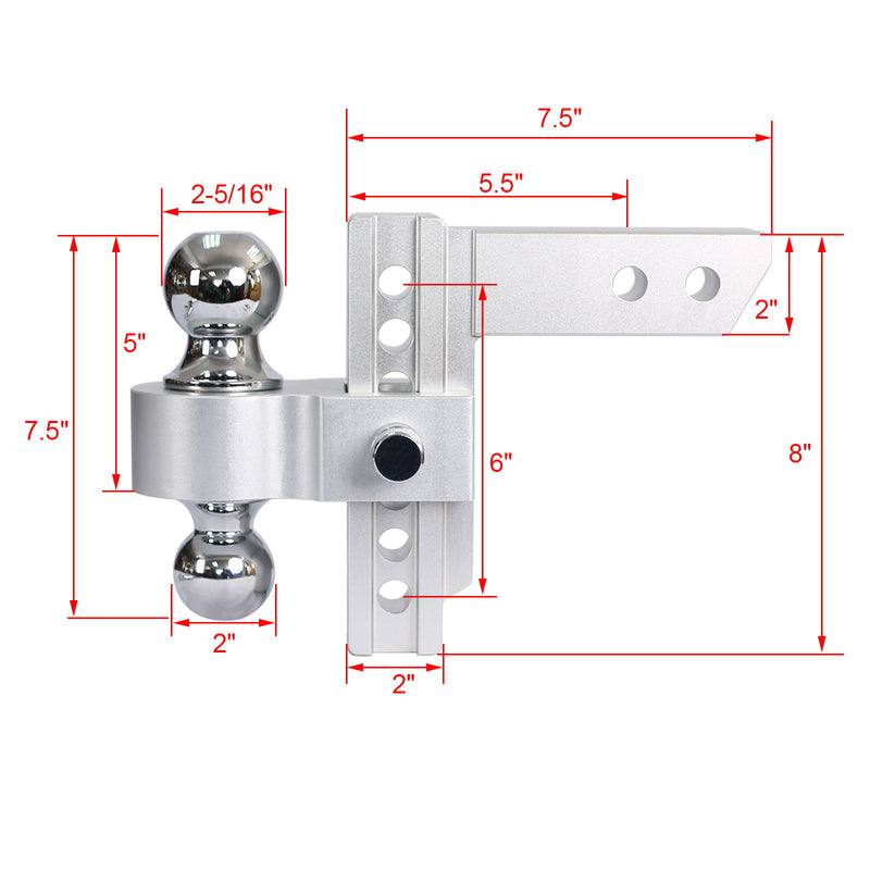 Alu - Adjustable Trailer Drop Hitch With 2" Receiver, 6" Adjustment - Silver