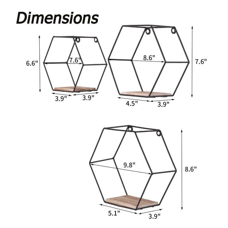 Wall Mounted Hexagonal Floating Shelves - Black (Set of 3) In Different Sizes, Modern Metal Wall Shelf, Simple Wood Partition Storage Shelves, Wall Decor Rack - Natural Wood