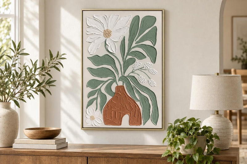 Clay Vessel Blooms I - 24 X 35 - Hand-Painted Canvas In Frame - Textured, White, Sage Green, Terracotta Brown, Beige, Champagne Frame