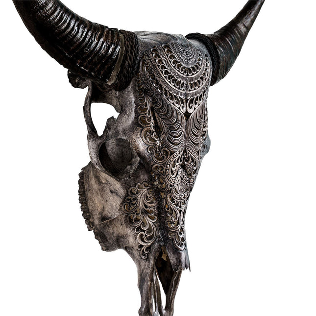 Skull Bliss | Hand Carved Cow Skull | Gray Boho