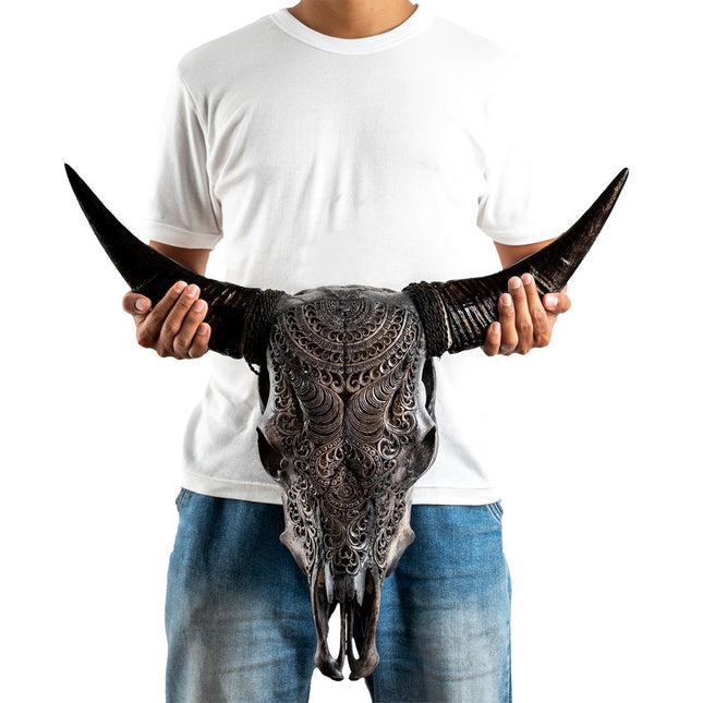Skull Bliss | Hand Carved Cow Skull | Gray Boho