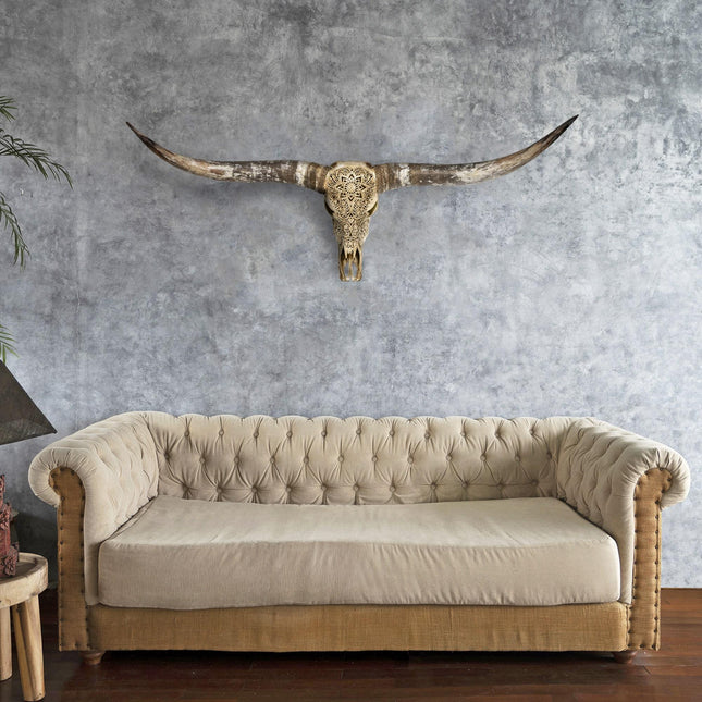 Skull Bliss | Hand Carved Longhorn Skull | Golden Mandala