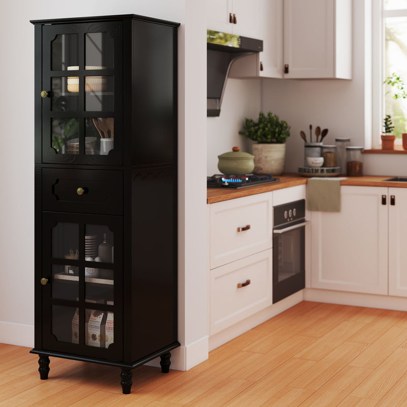 Storage Cabinet, Freestanding Curio Cabinet With Grid Doors & Drawer, Pantry Display Cabinet For Kitchen