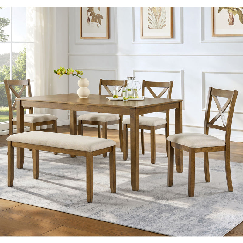 6 Piece Dining Table Set, Large Rectangular Table With Upholstered Bench & 4 X - Back Chairs, Kitchen Furniture - Oak