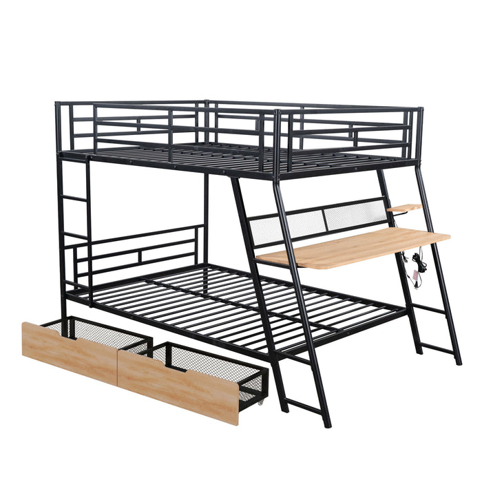 Full Size Bunk Bed With Built In Desk, Light, And 2 Drawers - Black