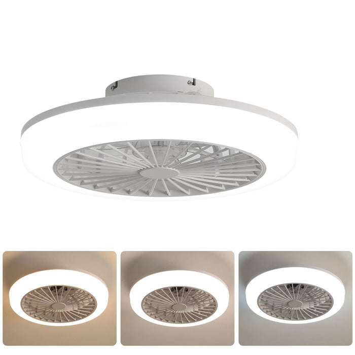 Enclosed Ceiling Fan With Light And Remote, Flush Mount Bladeless Low Profile - White