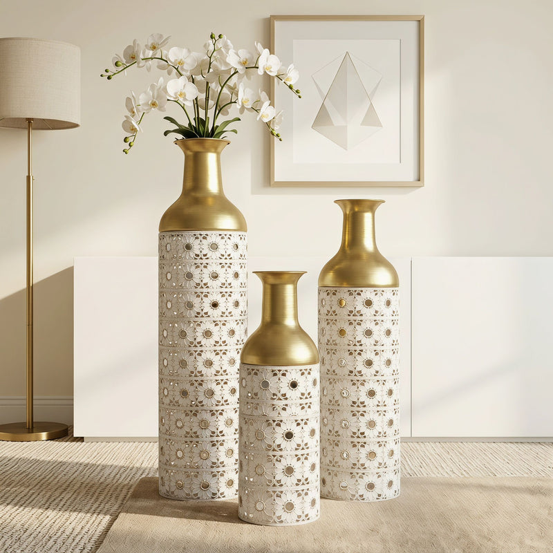 Handcrafted Cutout Hollow Tall Standing Floor Vase, Home Decor (Set of 3) - White / Gold