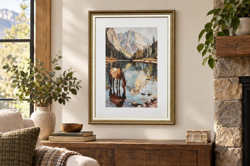 Alpine Watering I - 24 X 32 - Framed Print Under Glass - Blue, Brown, Green, Cream, Gray, White Mat, Brown Frame, Gold-Tone Frame Accents