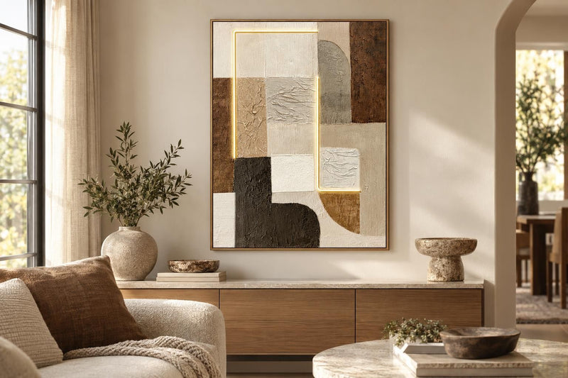 Earthen Circuit I - 35 X 47 - Hand-Embellished Neon Canvas In Frame - Beige